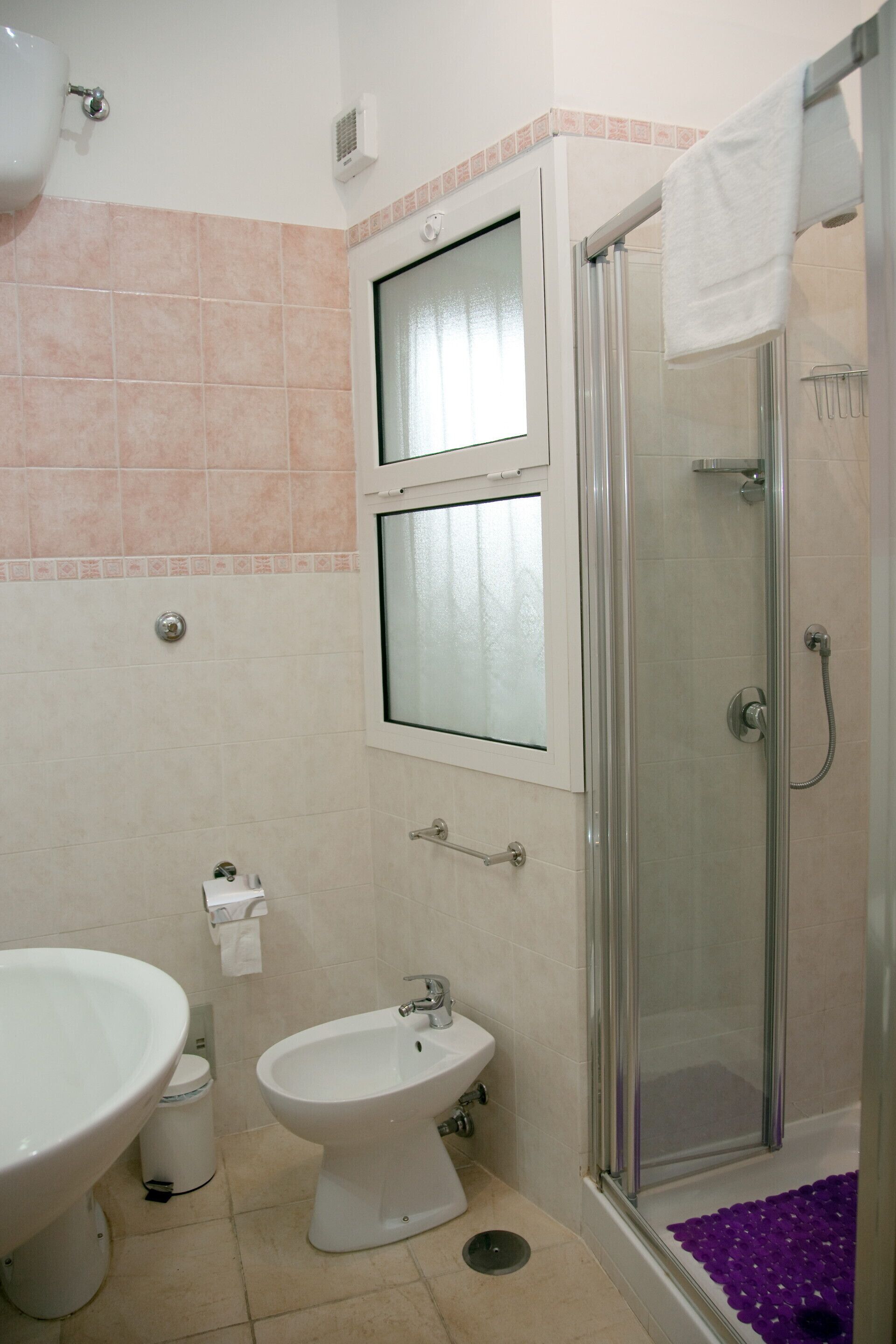A bathroom with a shower, toilet, bidet, and sink.