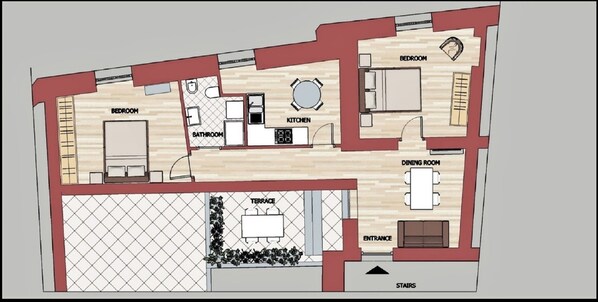A floor plan of a hotel with a bedroom, bathroom, kitchen, dining room, terrace, and stairs. - Apartment in the centre in Monti - family friendly (Roma)