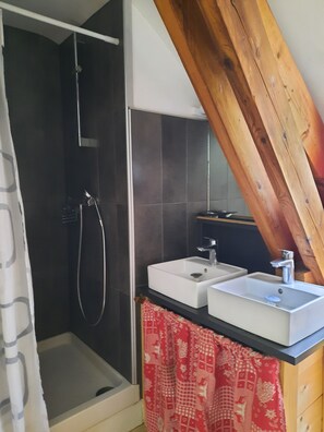 Combined shower/tub, hair dryer
