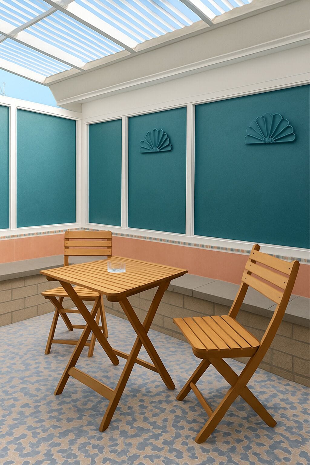 Um alpendre coberto com uma mesa e duas cadeiras, uma parede azul-turquesa decorada com conchas e um chão estampado.