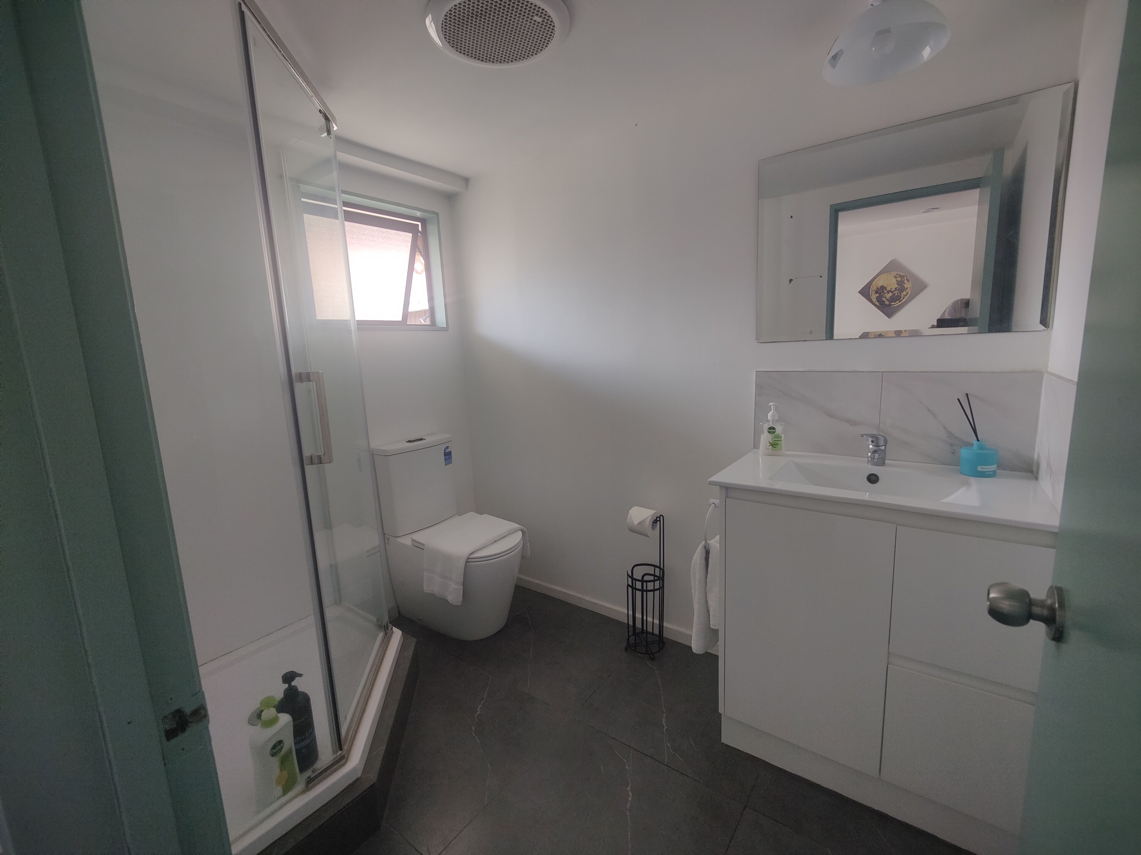 Een badkamer met een douchecabine van glas, een toilet, een wastafel met spiegel en een handdoekhouder.