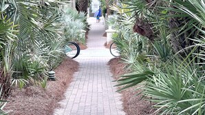 A pathway flanked by lush palm trees and a brick-paved walkway. - Gated Waters Edge, deeded beach, chair set up, private pool, 5 bed\5+ sleeps 16 (Rosemary Beach)