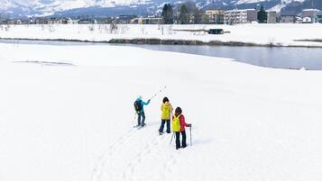 Un paisaje nevado con un río y montañas al fondo.