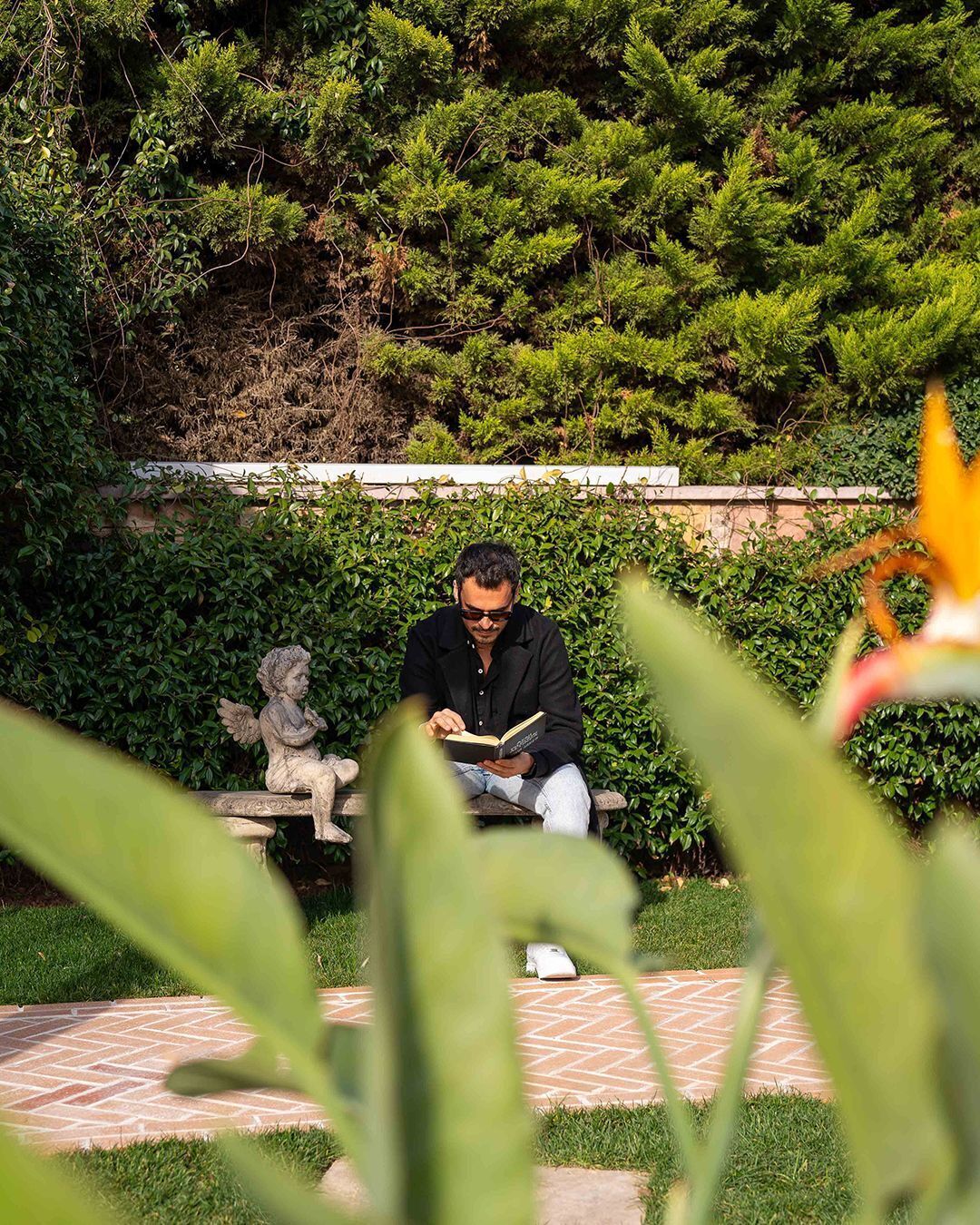 A person sitting on a bench reading a book in a garden with a hedge and a statue in the background.