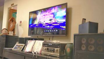 A television mounted on a wall displaying a colorful show, a sound system, and a decorative owl figure.