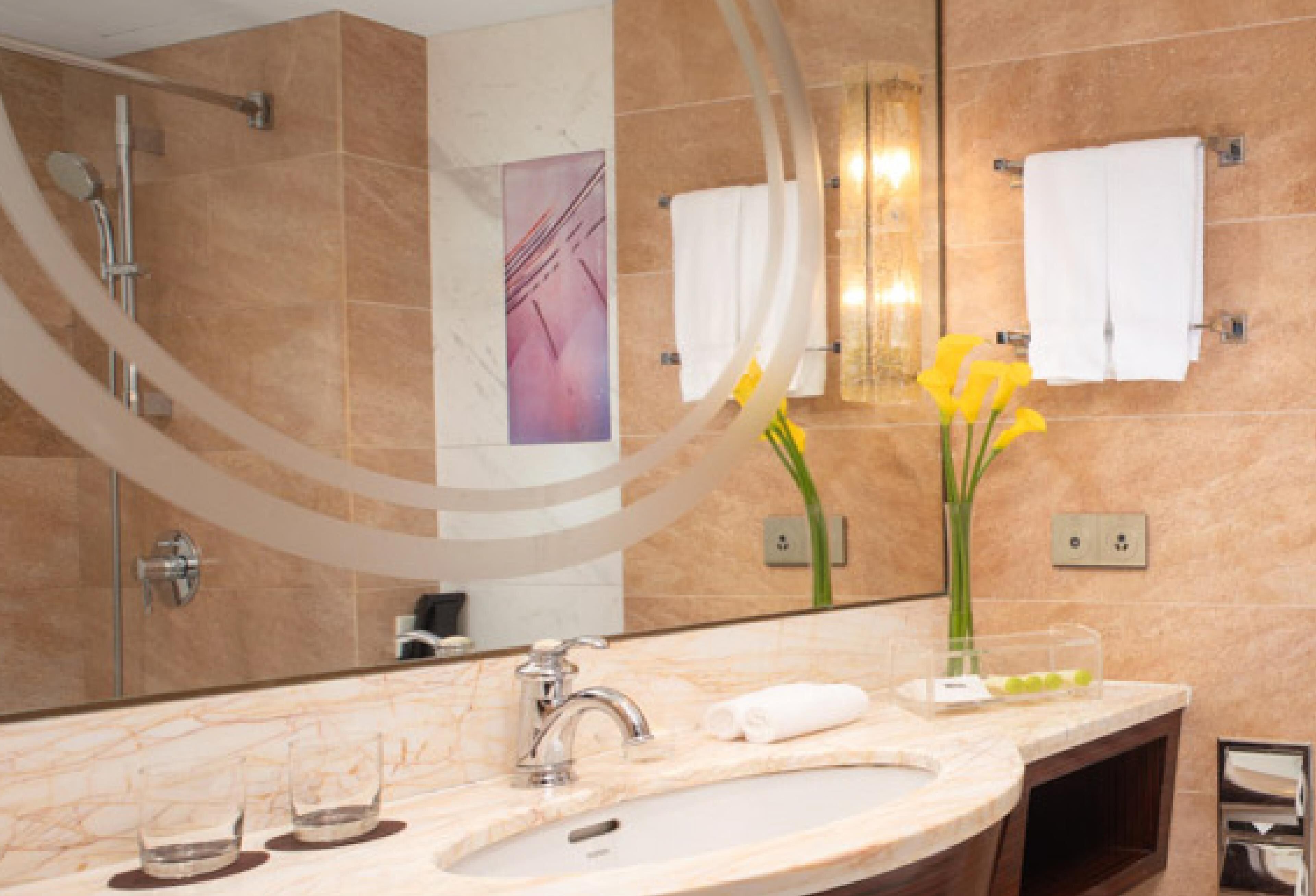 A bathroom with a large mirror, a sink with a faucet, and a towel rack.