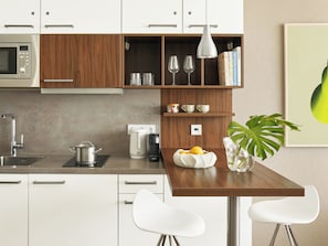 Mini-fridge, microwave, stovetop, espresso maker