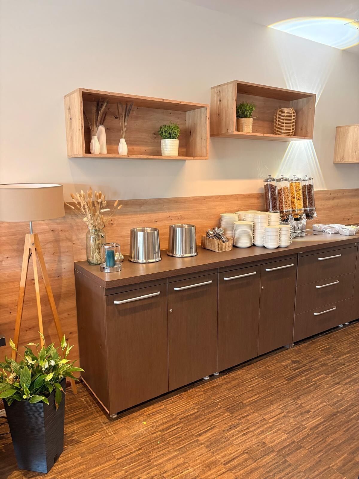 Una cocina con armarios de madera, una encimera con cafeteras y una planta en maceta.