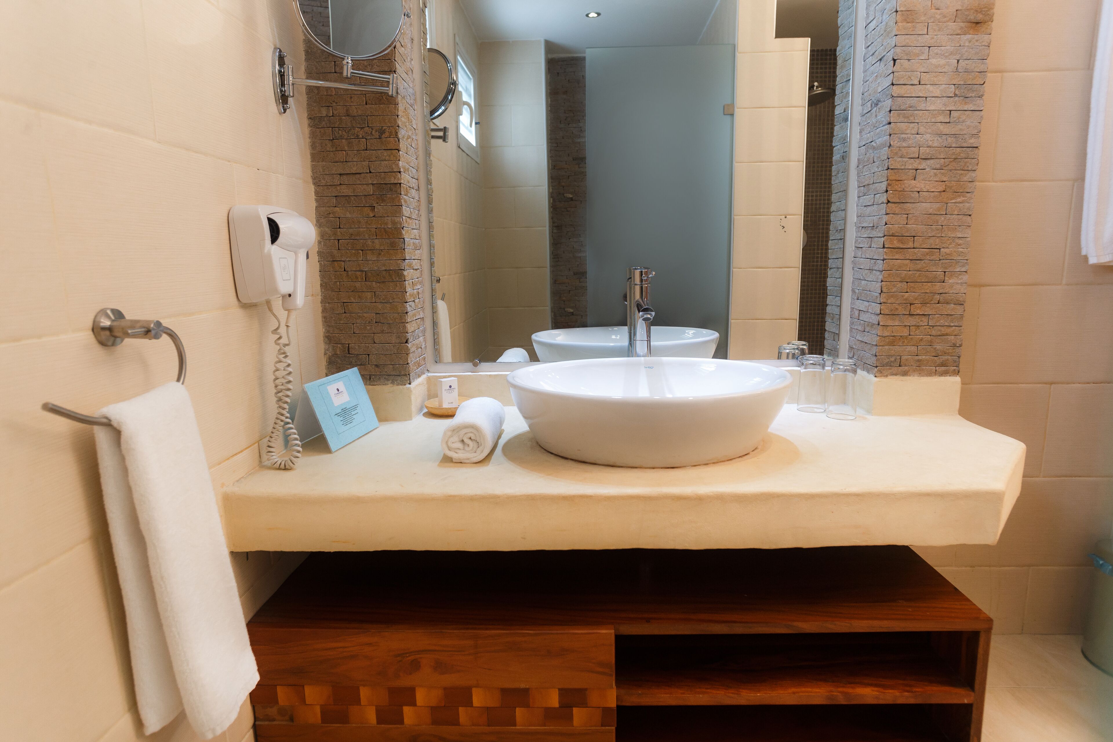 shower, hair dryer, bathrobes, slippers