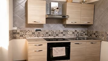 Cozinha com forno embutido, pia e armários de madeira.