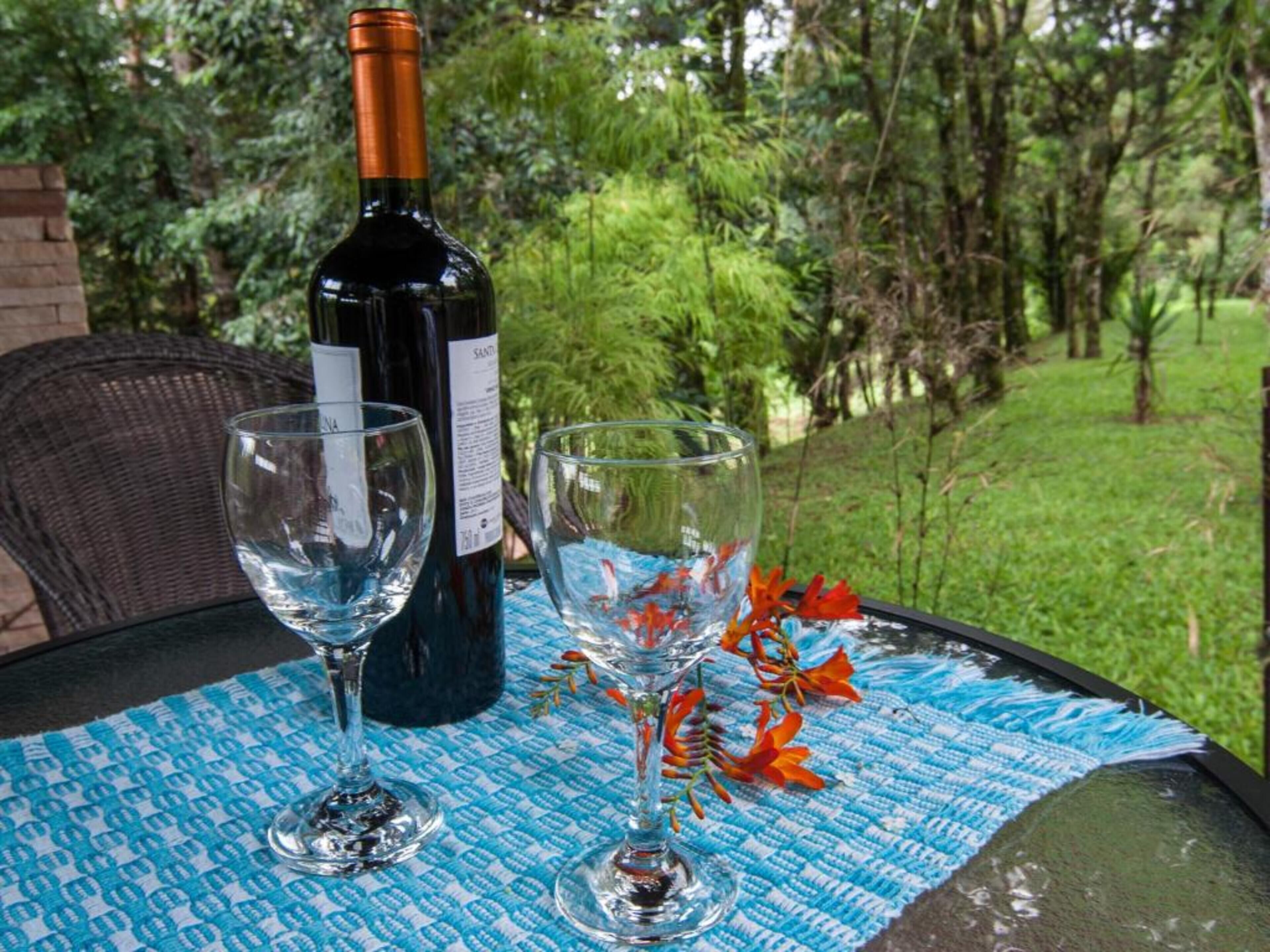A table with a bottle of wine and two glasses, set on a blue patterned tablecloth outdoors.
