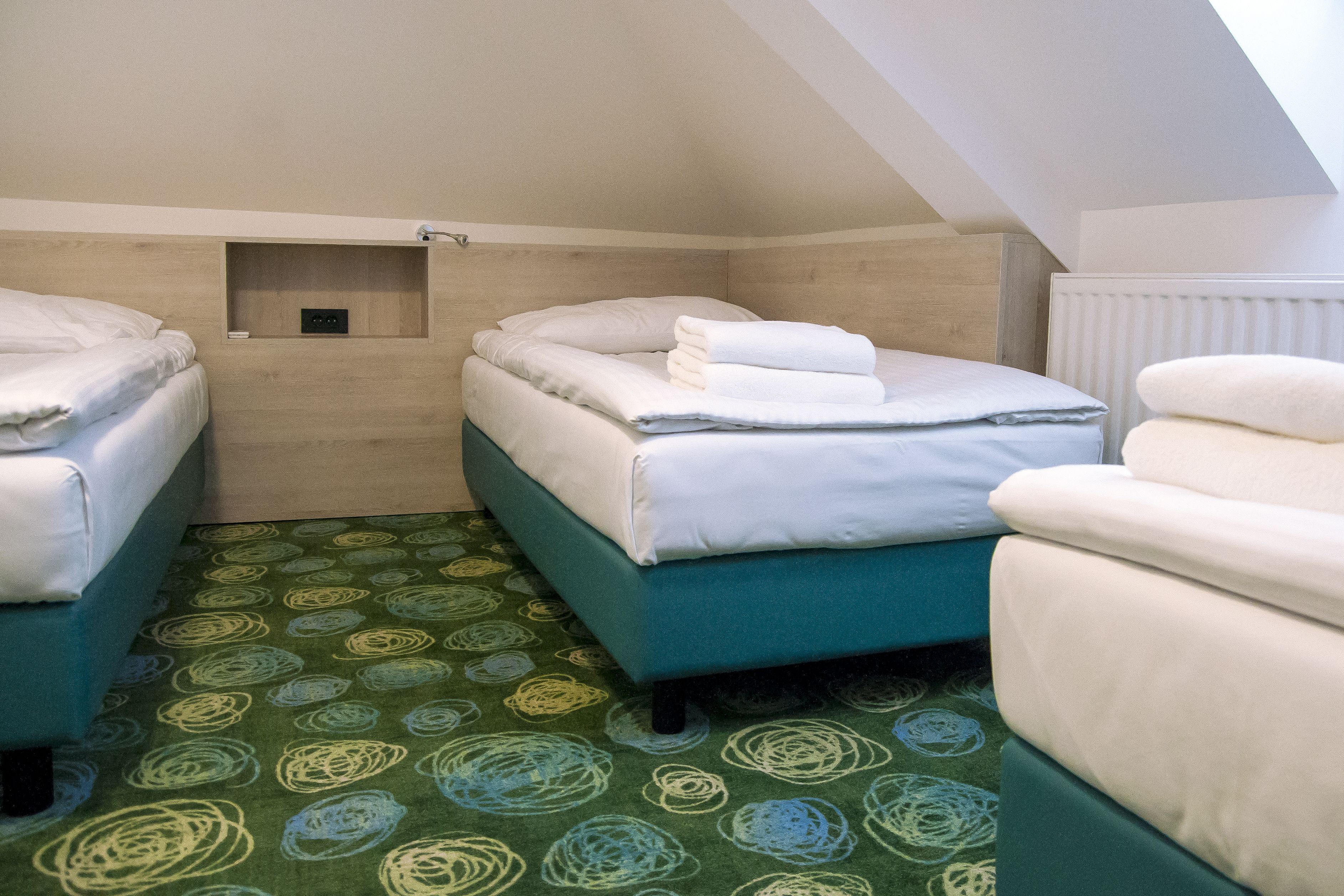 Una habitación pequeña y acogedora con dos camas, una alfombra estampada de color verde y techo inclinado.