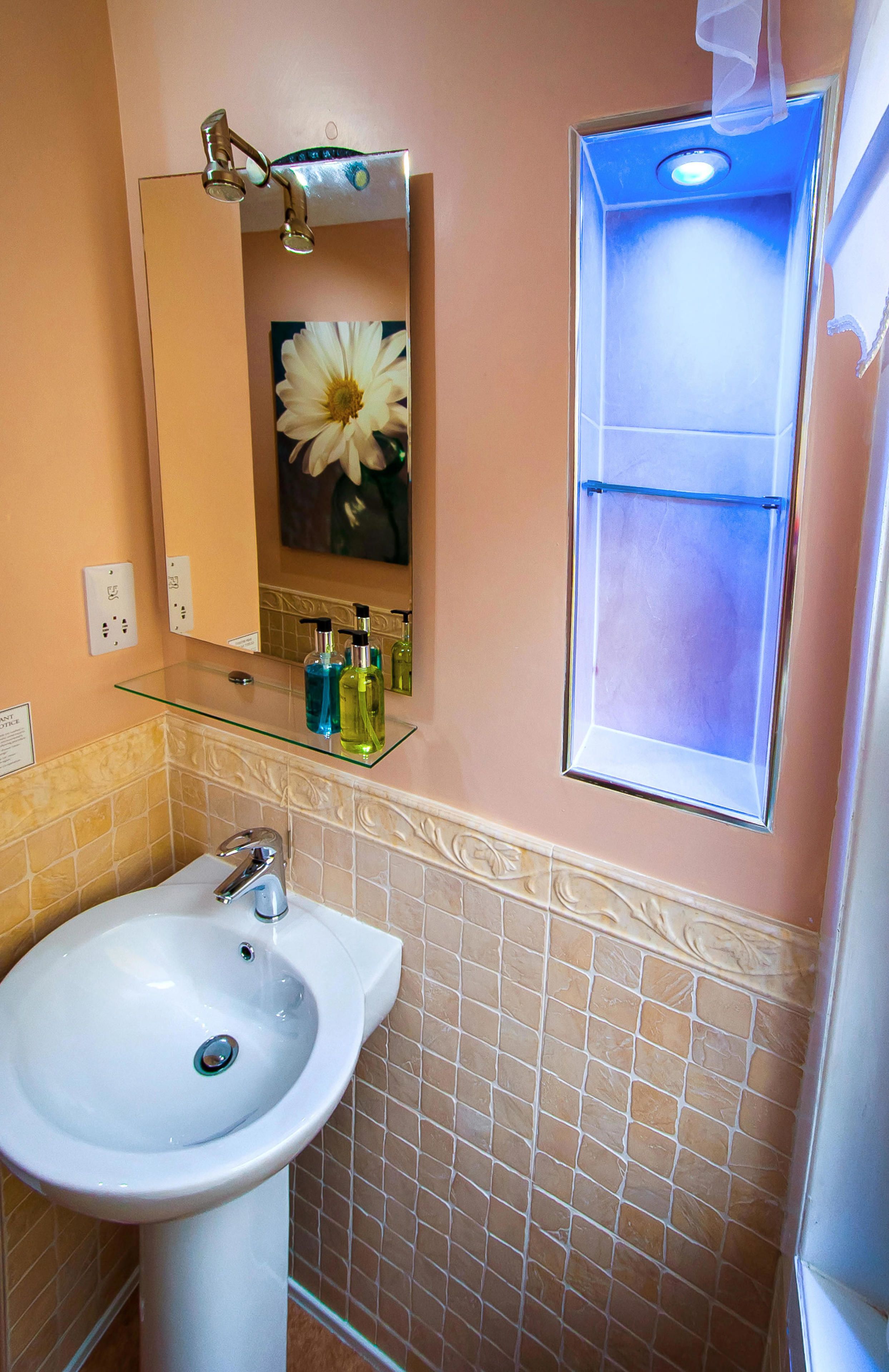 Une salle de bain avec un lavabo blanc, une étagère en verre où sont posés des articles de toilette, un miroir orné d’une fleur et une douche éclairée de lumière bleue.