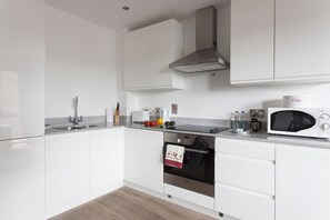 Appartement Classique, 1 chambre, vue ville | Cuisine privée | Réfrigérateur, micro-ondes, four, plaque de cuisson