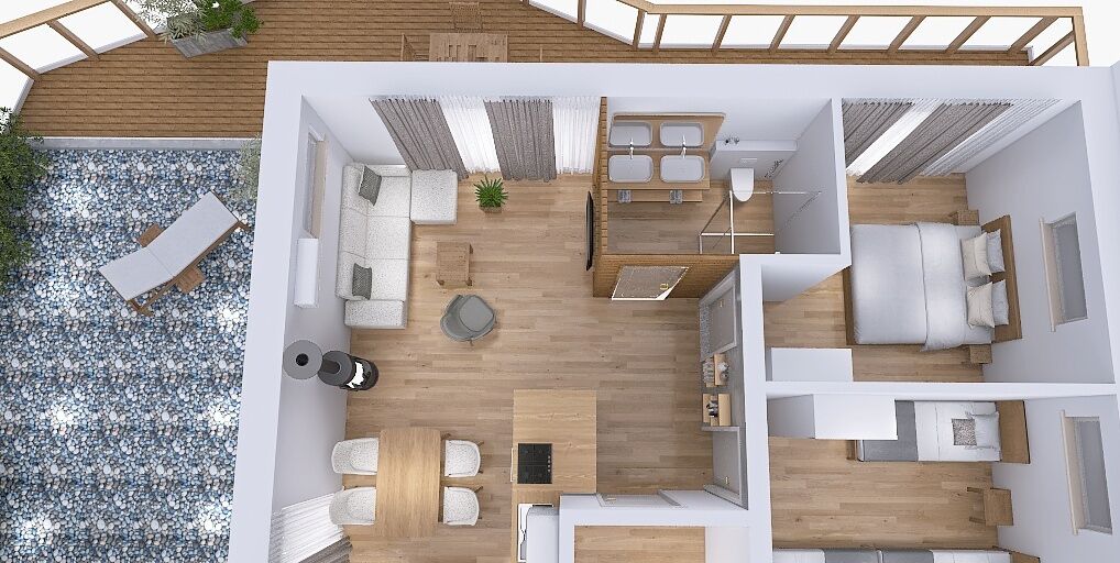 A modern interior with a kitchen, dining area, and two bedrooms.