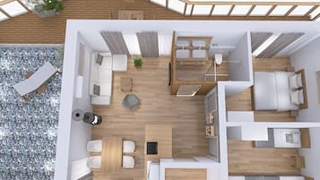 A modern interior with a kitchen, dining area, and two bedrooms.