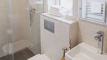 A modern bathroom with a glass shower enclosure, a toilet, a sink, and a mirror above the sink.
