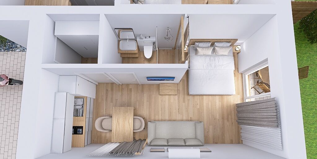 Un apartamento de dos pisos con cocina, comedor y un dormitorio con ventana.