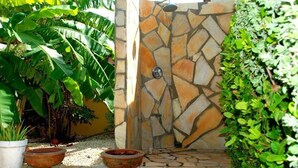 A stone wall with a water feature, surrounded by lush greenery and potted plants. - Paradera Paradise (Paradera)