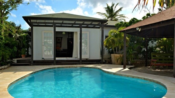 A swimming pool with a curved edge, surrounded by a tiled deck. - Parrot Villa (Oranjestad)