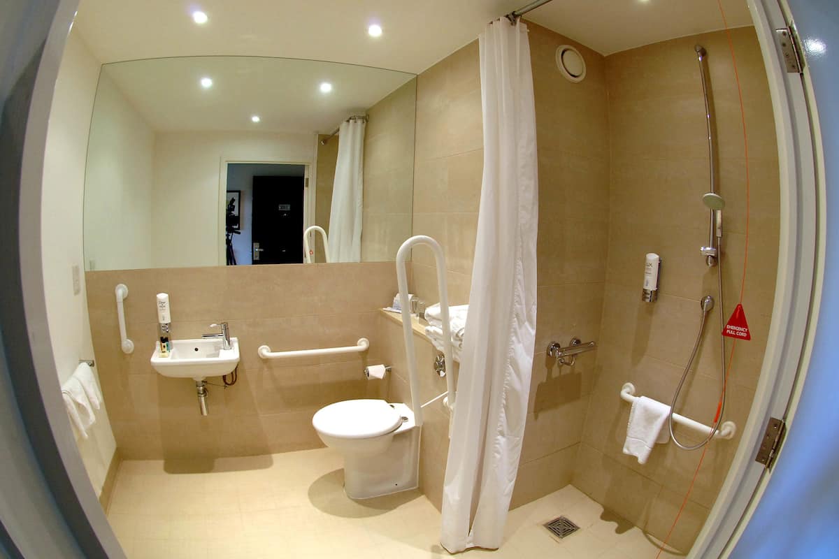 shower, free toiletries, hair dryer, towels