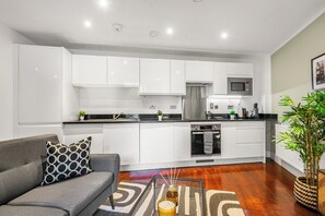 Classic Apartment, 2 Bedrooms, City View | Private kitchen | Fridge, microwave, oven, stovetop