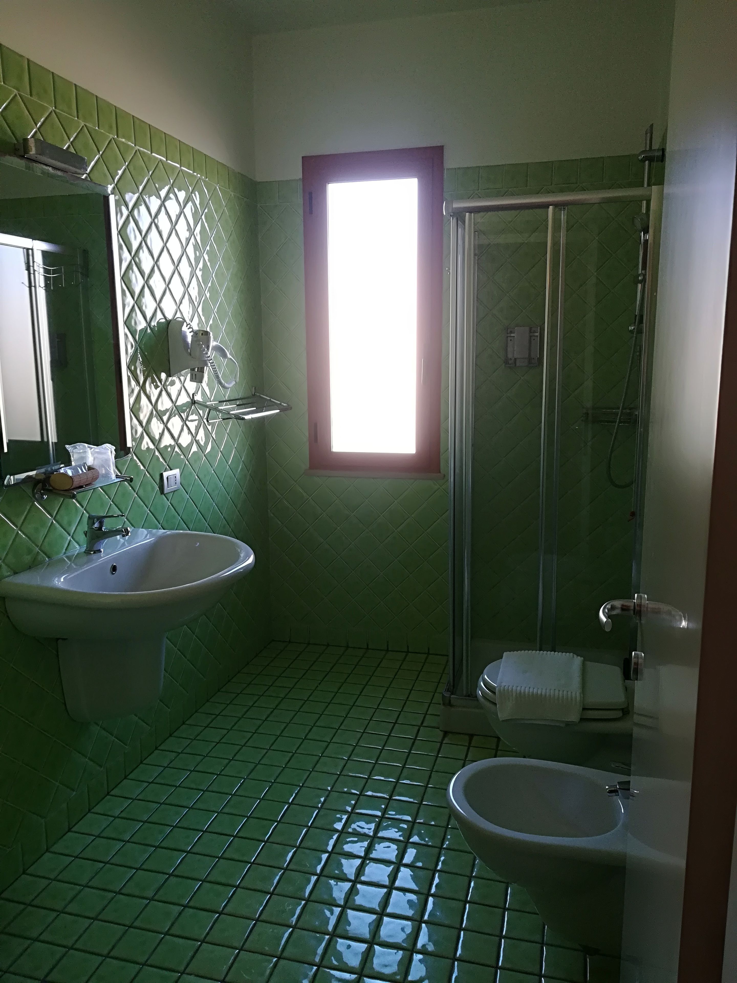 A bathroom with a sink, bidet, and shower.