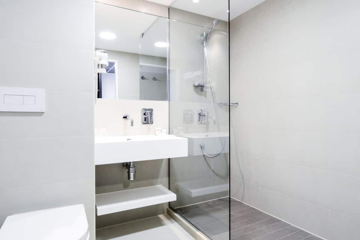 shower, free toiletries, hair dryer, towels