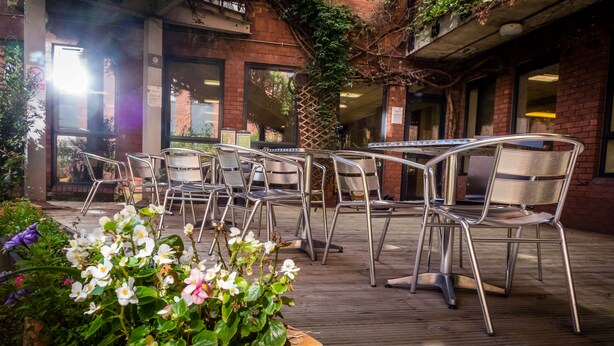 Un patio exterior con sillas y mesas de metal, rodeado de macetas con plantas y flores.