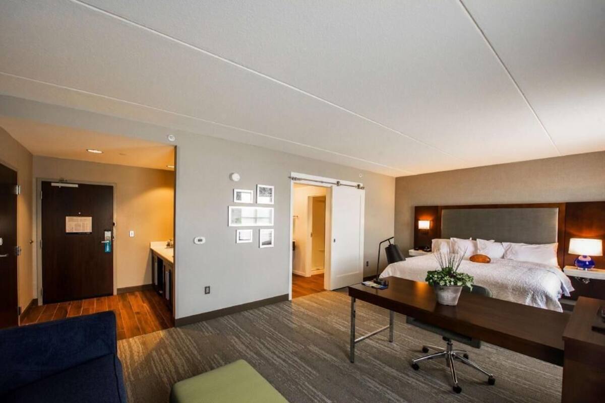 A hotel room with a bed, desk, chair, and a small table with a plant.