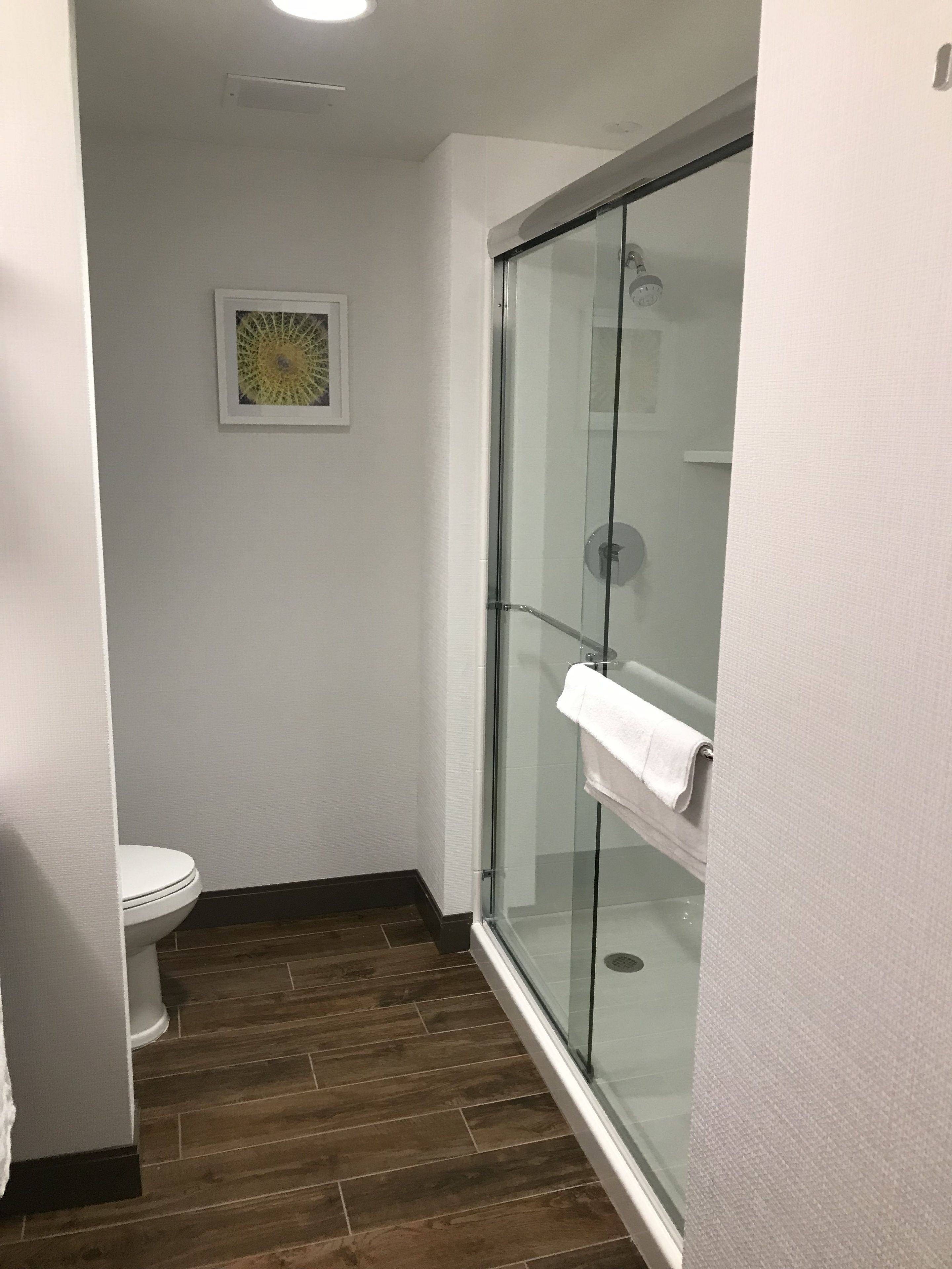 Un baño con inodoro, cabina de ducha de vidrio y suelo de madera.