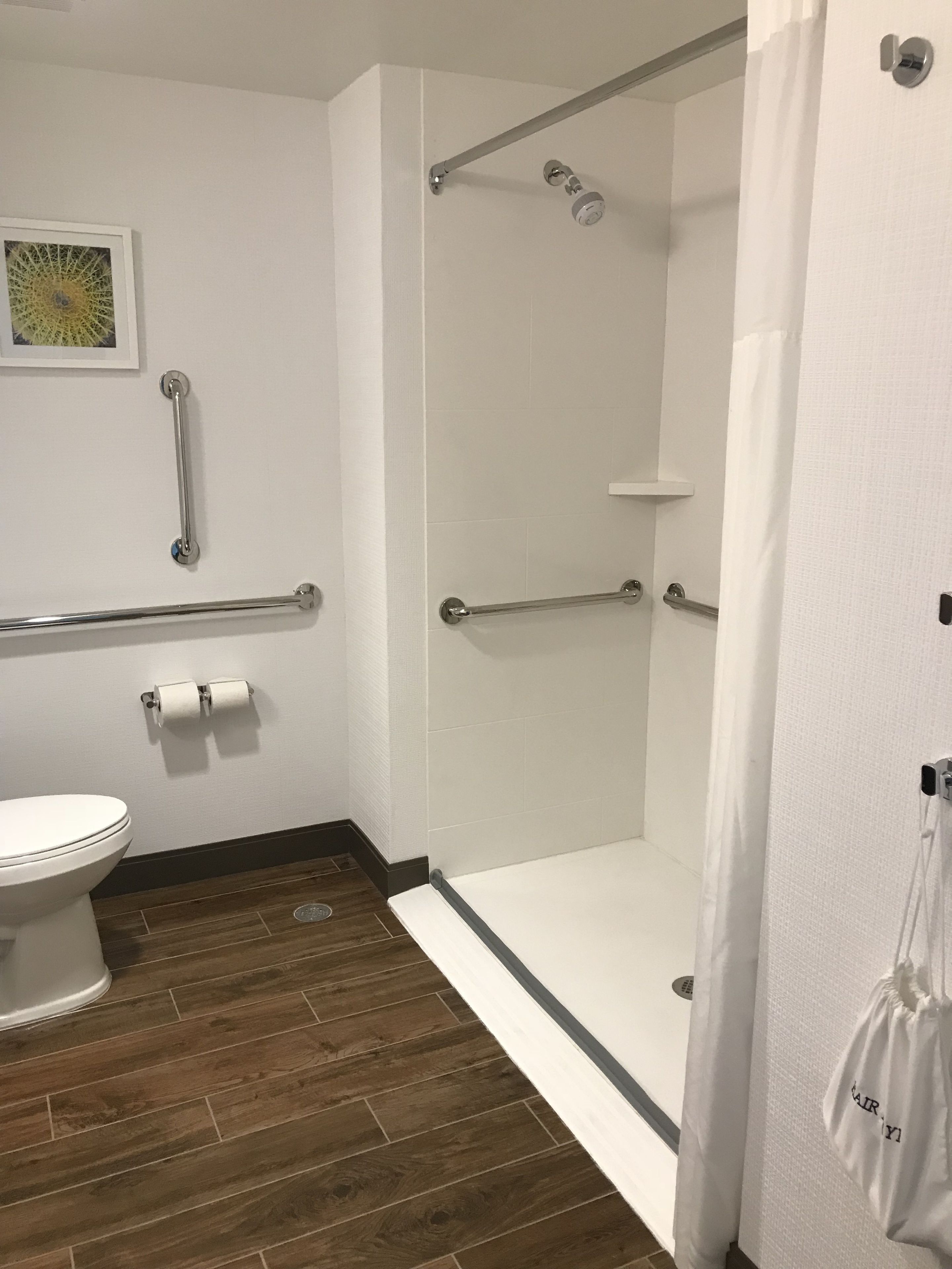 Un baño con ducha, inodoro y barras de apoyo.