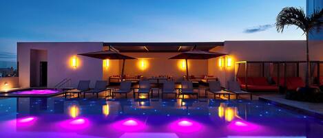 Outdoor pool, pool umbrellas, pool loungers