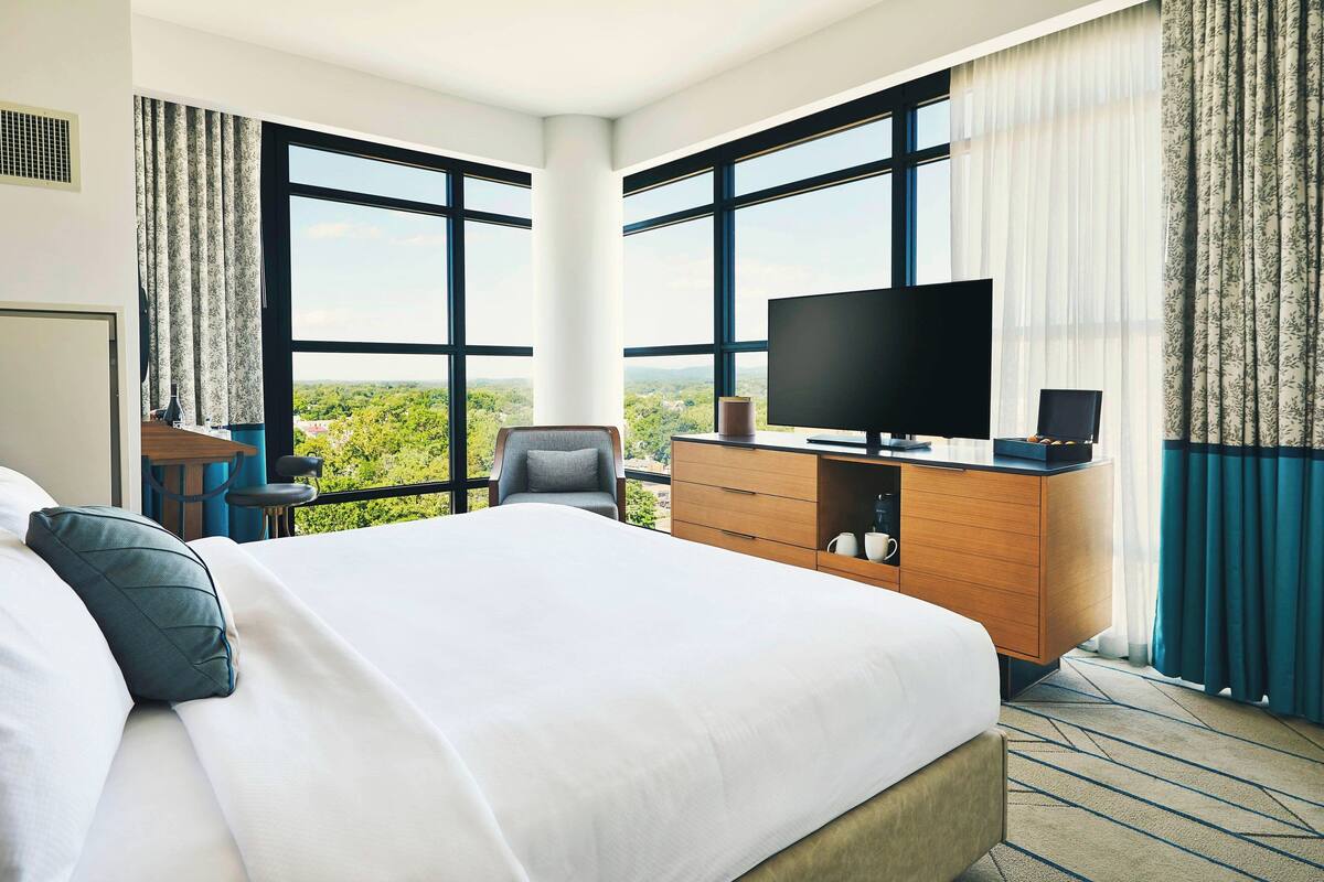 A hotel room with a large bed, a TV, a desk, and a view of greenery through large windows.