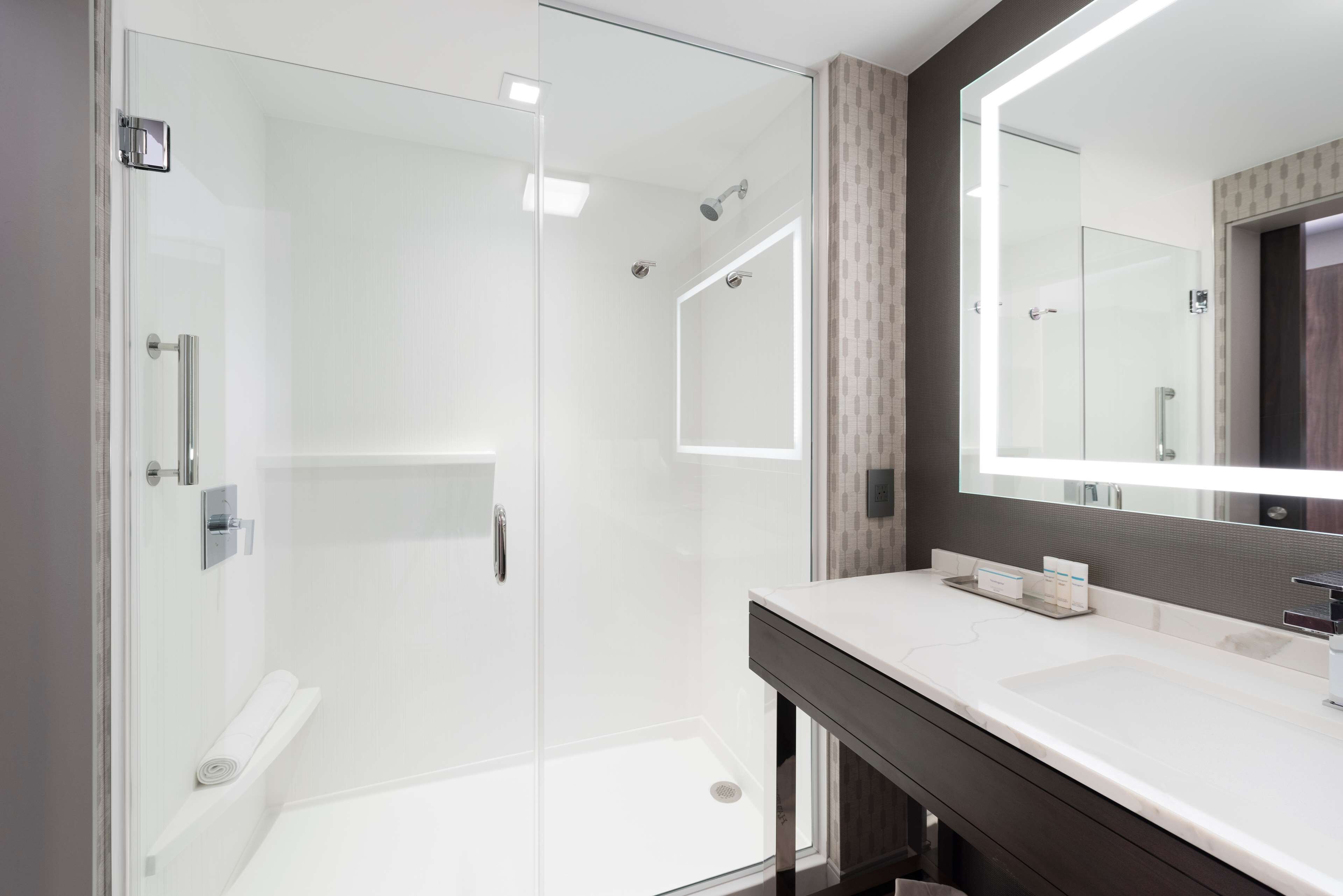 A modern bathroom with a glass-enclosed shower, a large mirror, and a white sink.