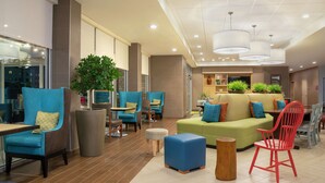 A modern lounge area with seating arrangements, including sofas and chairs, and a central plant.