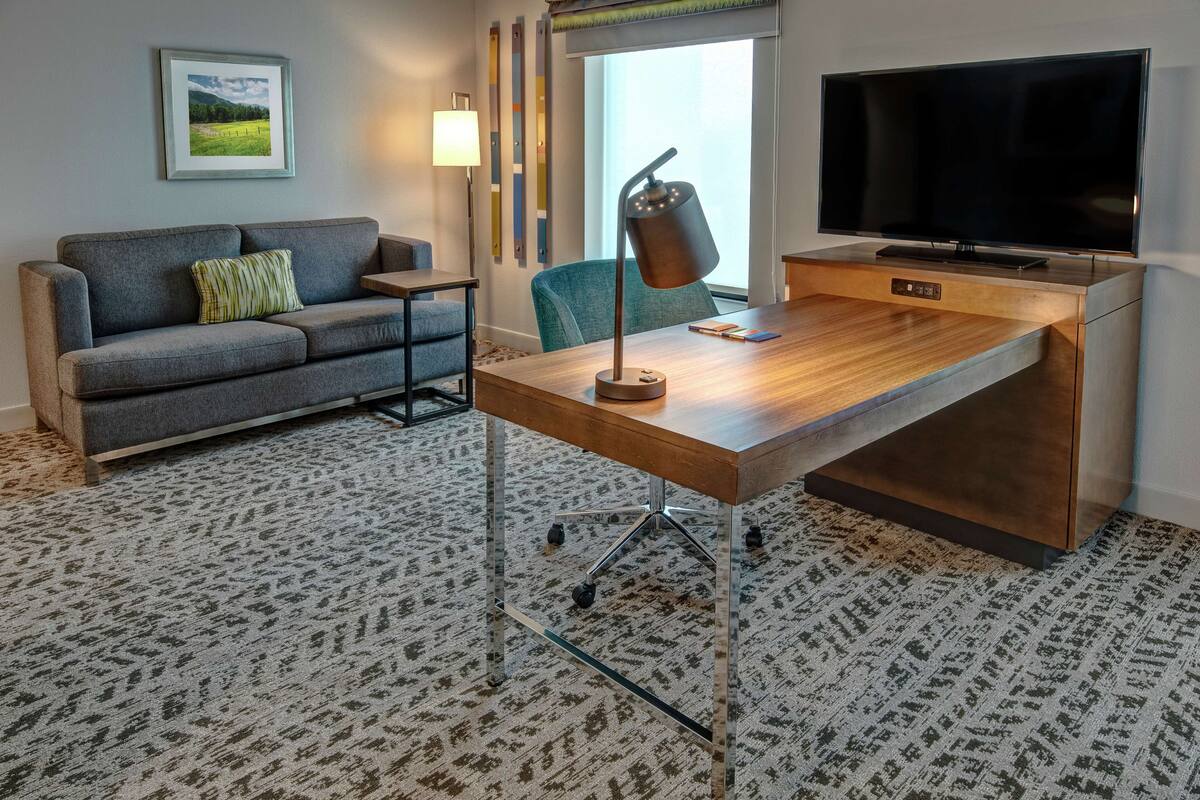 Een moderne hotelkamer met een grijze bank, een houten bureau, een flatscreen televisie en een kamerbreed tapijt met een patroon.