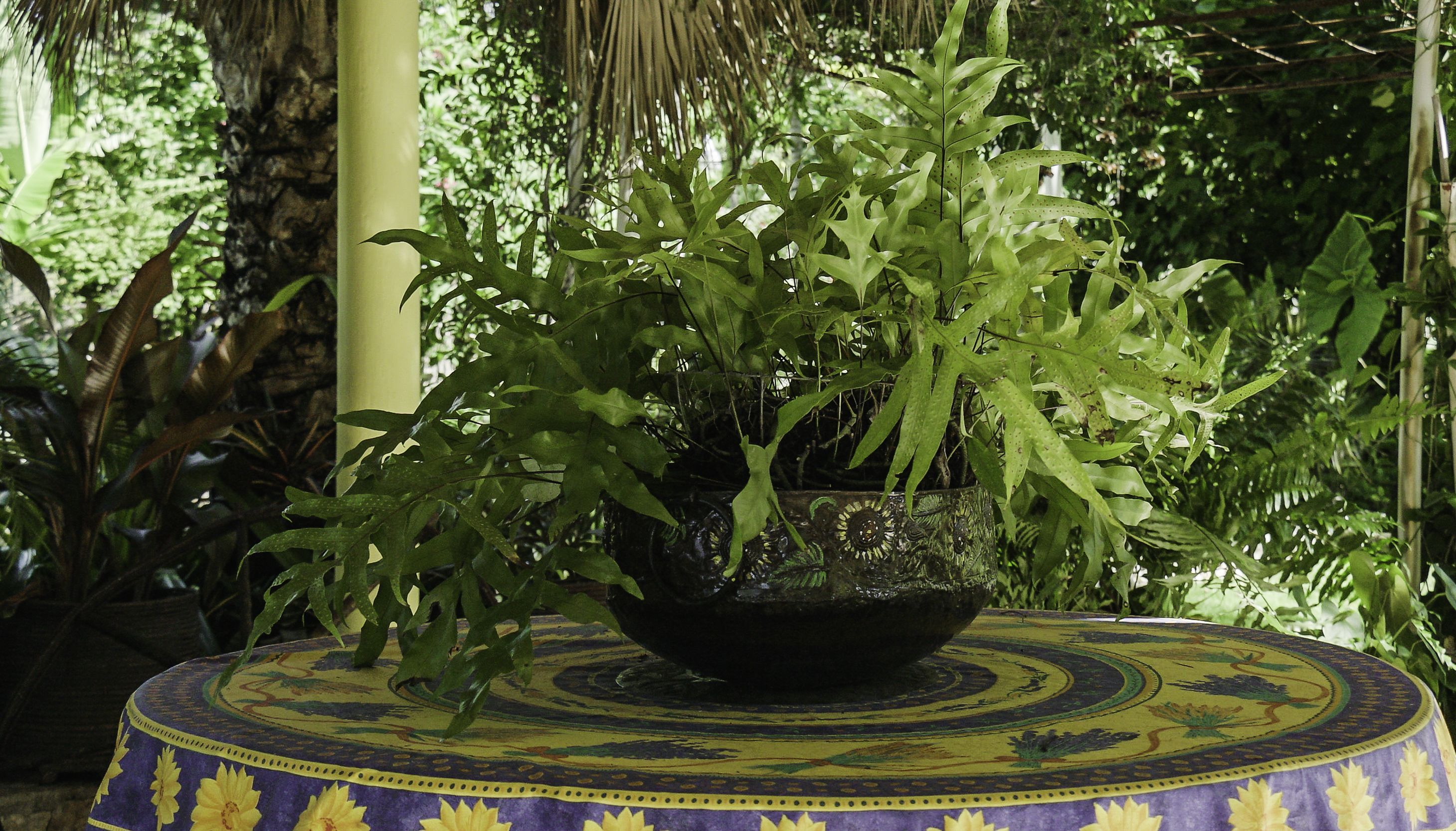 A table with a patterned tablecloth and a black bowl in the center.