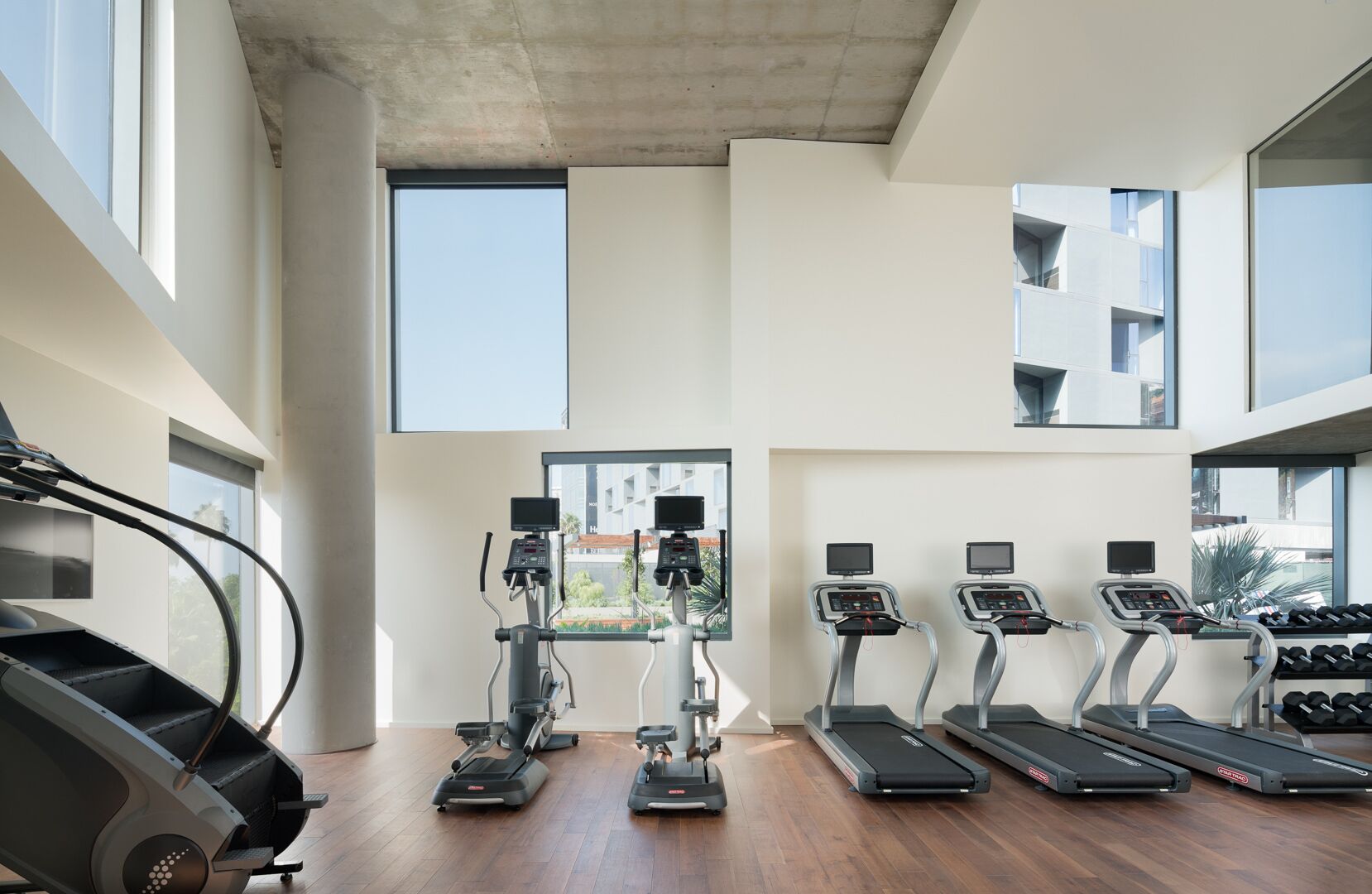 A modern gym with treadmills, elliptical machines, and a stationary bike.