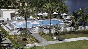 Piscina externa, funciona das 8h às 19h, barracas de cortesia