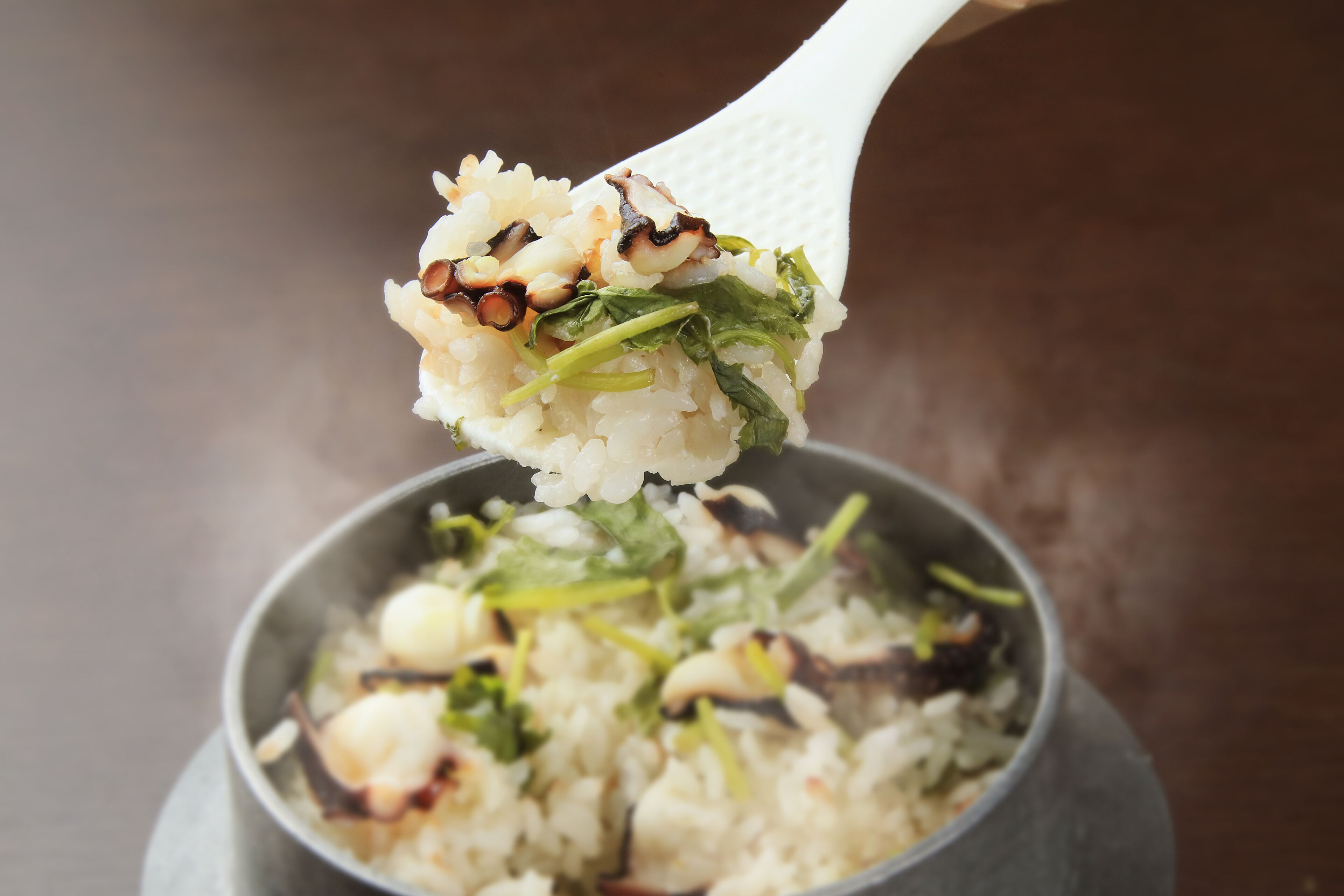 Un tazón de arroz con verduras y champiñones.