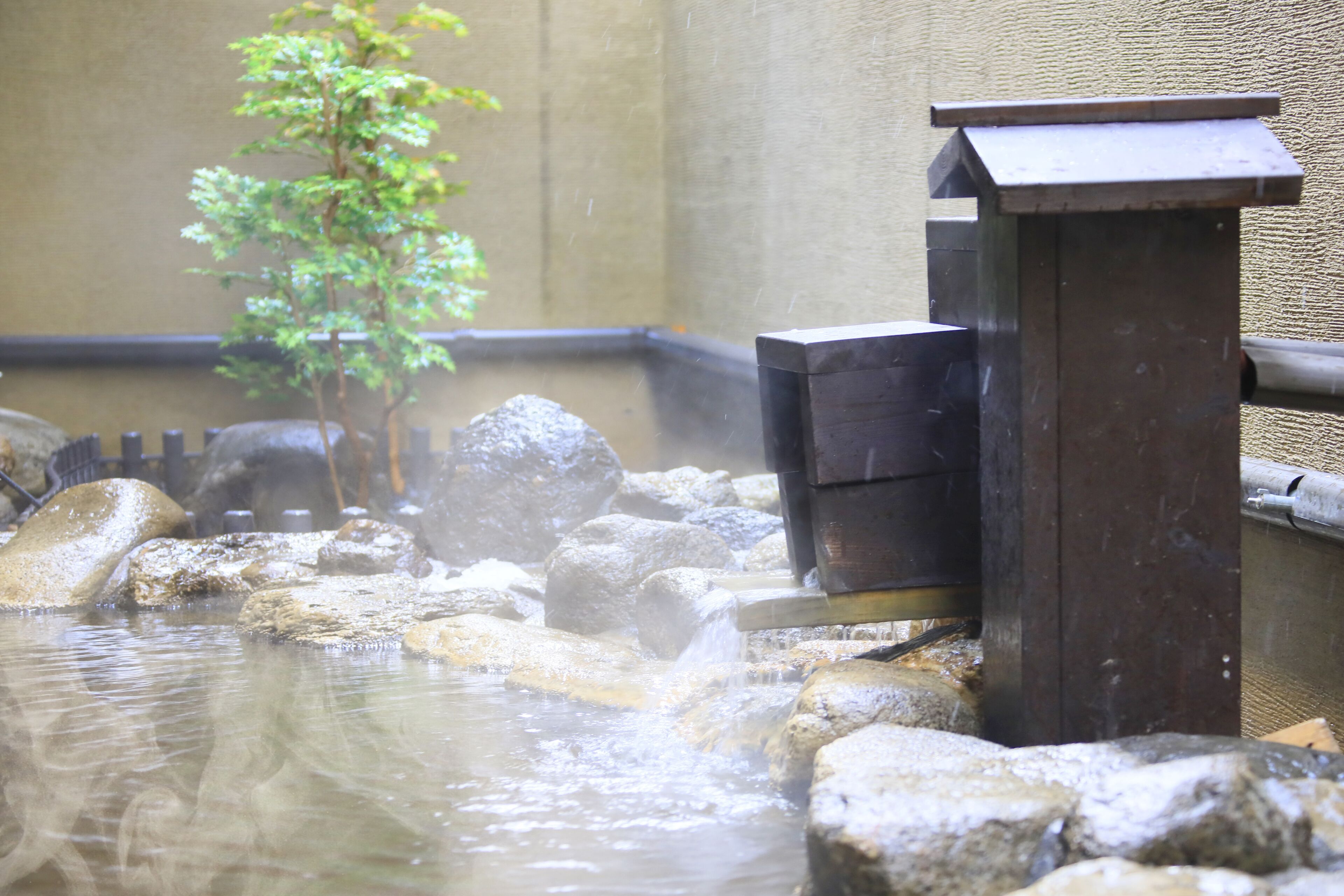 A hot spring area with rocks, a wooden structure, and a small tree.