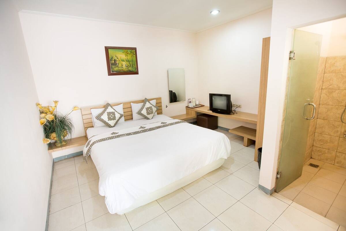 Habitación de hotel con una cama grande, un escritorio con televisor, zona de ducha y un cuadro en la pared.