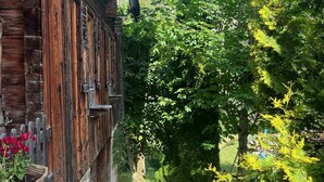 Un edificio rústico de madera con un sendero de piedra que lleva a un jardín.