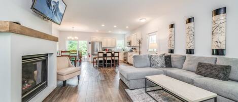 Smart TV, fireplace, video games, DVD player