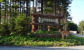 Un letrero con el nombre 'Leatherbark' rodeado de follaje y un ciervo.
