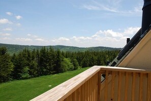 Enjoy breathtaking views of the surrounding forest from this balcony.
