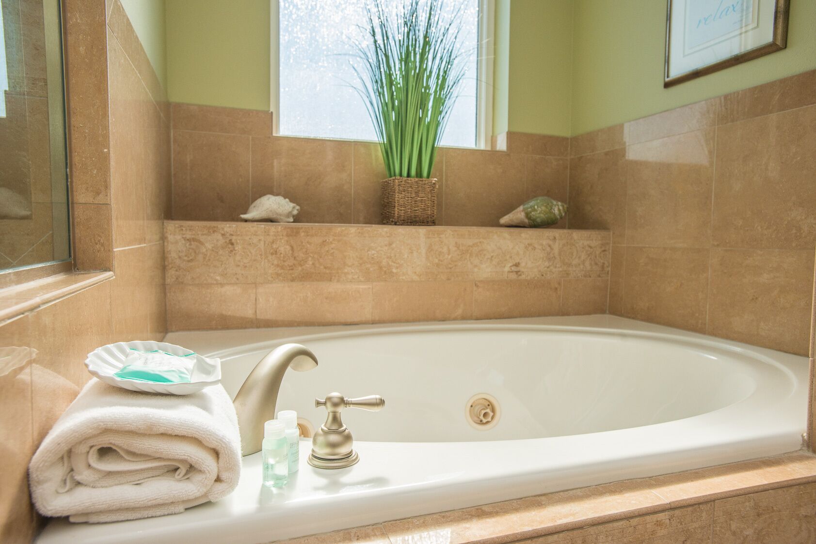 A bathroom with a bathtub, a sink, a window with a plant, and a towel rack.
