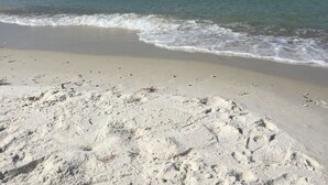 Uma praia com águas azul-claras e uma faixa de areia.