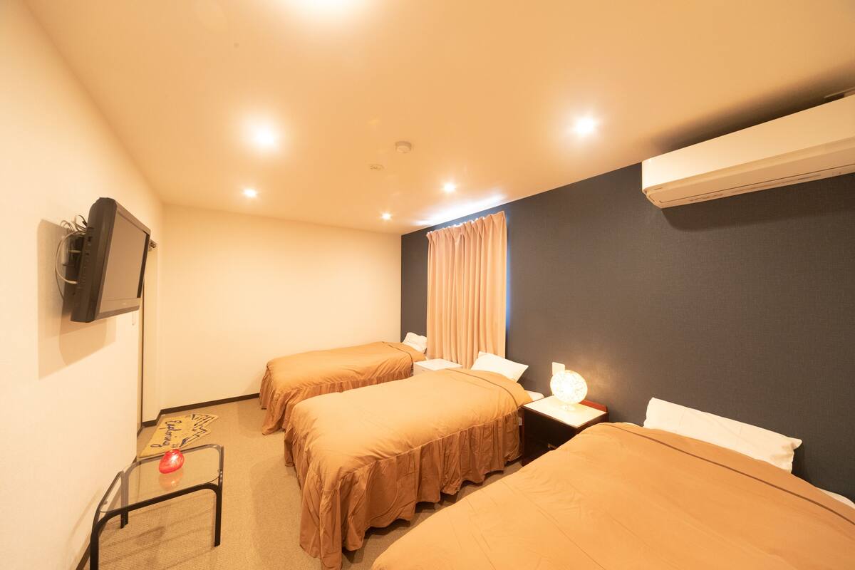 Habitación de hotel con dos camas, televisión, mesita de noche con lámpara y aire acondicionado instalado en la pared.